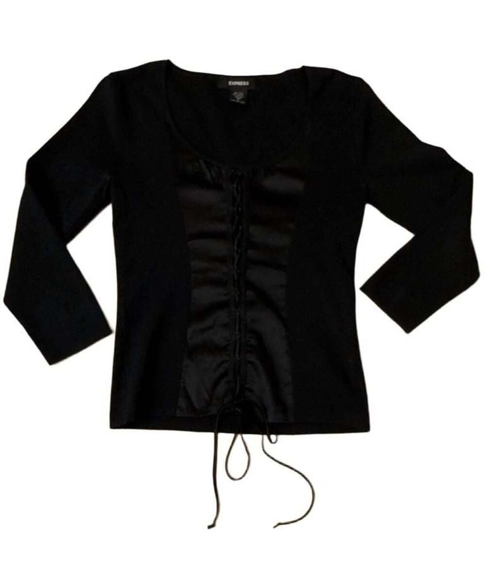 Express Y2K Black Silk Blend Corset Style Top with Lace Up Front Size S